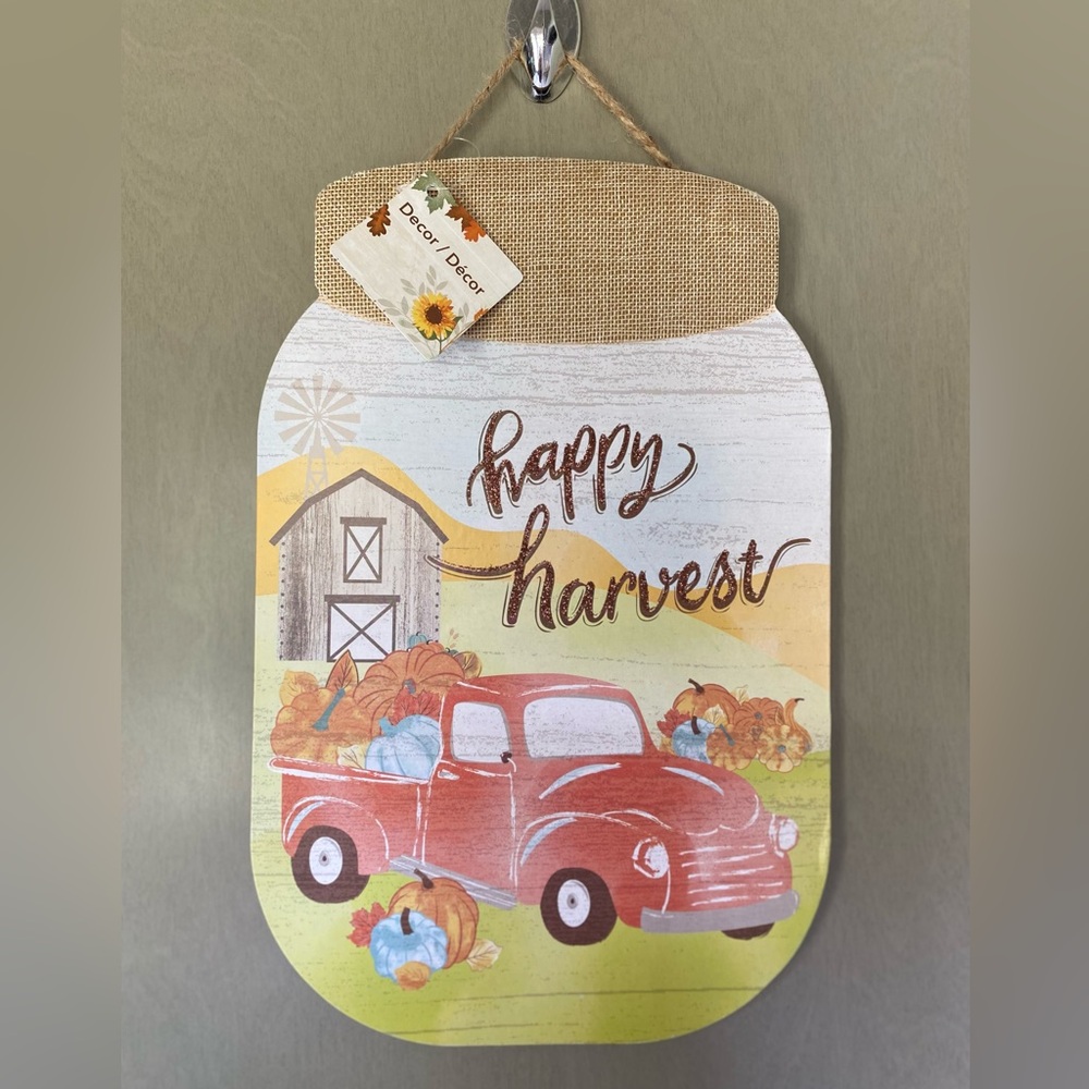 NWT Autumn Fall Mason Jar Happy Harvest Red Truck Pumpkin Farm Wall Door Sign